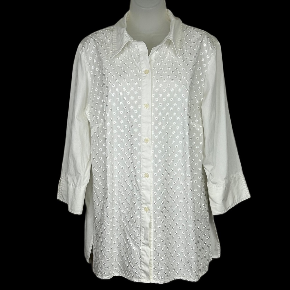 Worthington Embroidered Button Up Top Size 16‎ Ditsy Floral Cotton White Career